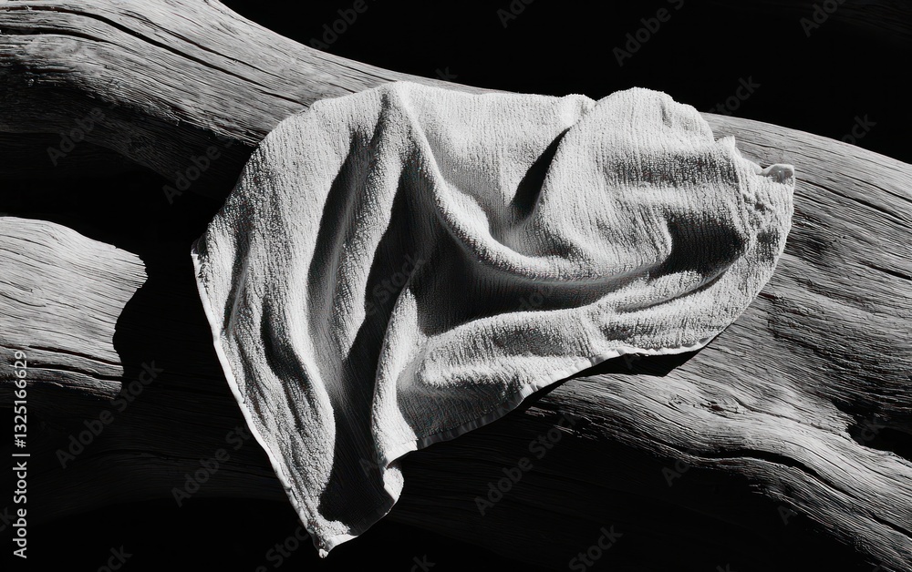 Poster Abstract black and white close-up shot of a textured fabric or material draped over a dark, rough surface. The fabric has a crumpled, organic form with light and shadow creating depth