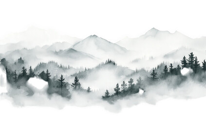 a serene watercolor landscape depicting misty mountains and dense forests evoking a sense of tranquility and connection to nature ideal for relaxation or artistic inspiration