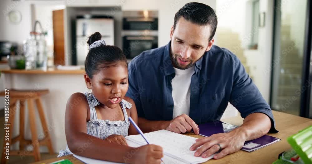 Poster homework, girl and dad with kid for teaching, support and care for studying, education and growth. f