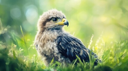 Obraz premium A Young Hawk Perched in Lush Green Grass with Focused Eyes