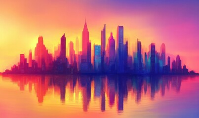 Vibrant city skyline at sunset reflected in water.