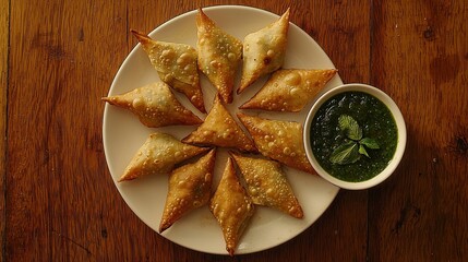 Fried pastries arranged on a plate with a side of green sauce.