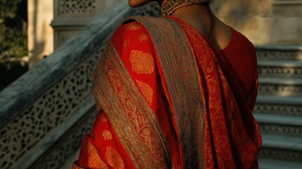 Traditional Indian Woman in Elegant Red Saree with Decorative Jewelry