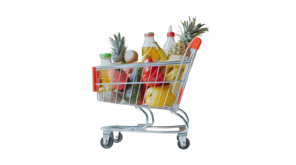 Shopping cart full of healthy food, fruits, vegetables and drinks on transparent background