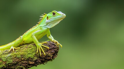 Fototapeta premium A Vibrant Green Lizard Perched on a Mossy Brown Branch