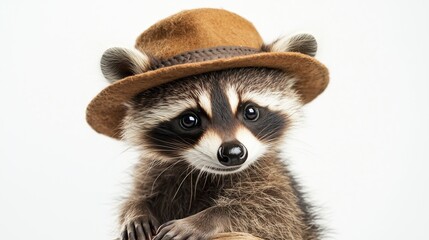Obraz premium Cute raccoon in a hat on a white background, isolated