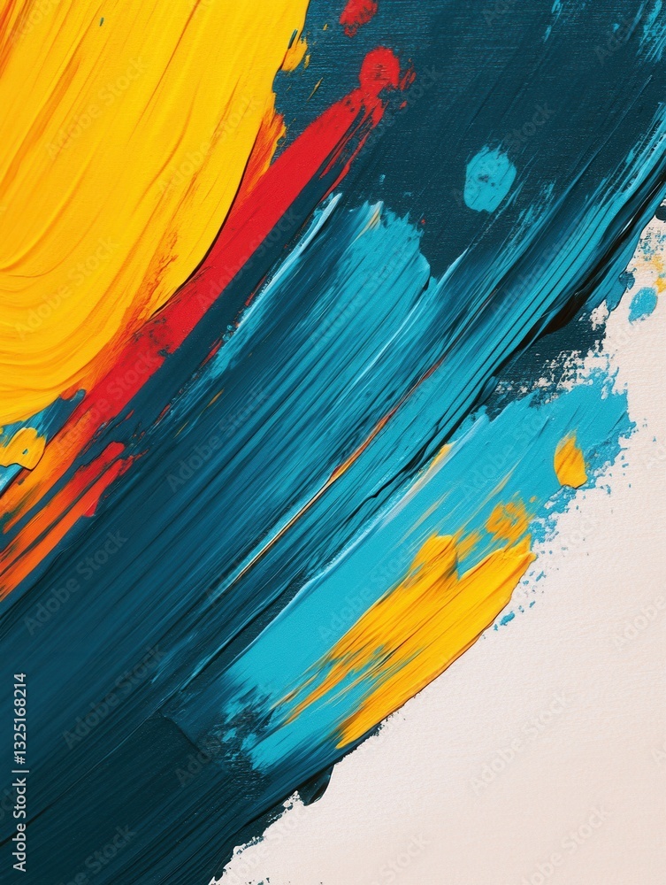 Aufkleber Dynamic abstract background featuring bold paint strokes in teal, yellow, and red with space for creative text design