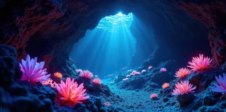 Glowing crystals illuminate bioluminescent marine life within a vibrant underwater cave , ocean, grotto
