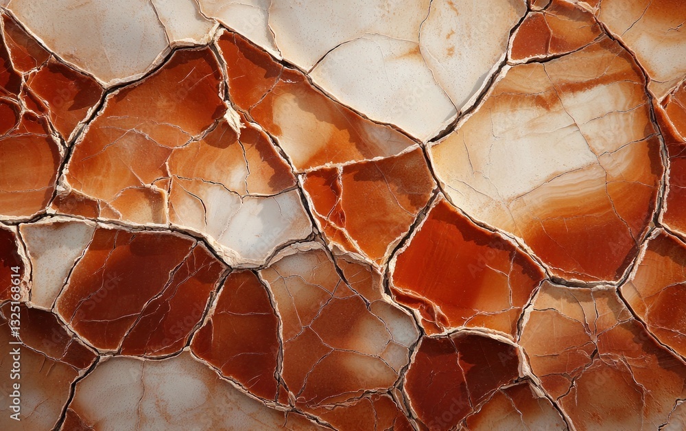 Poster abstract image of cracked earth with red and beige tones. the texture is rough and irregular, showin
