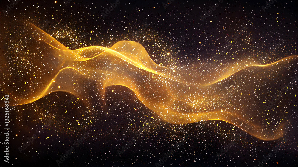 Poster abstract golden wave with sparkling glitter particles against a dark backdrop creating a luminous dr