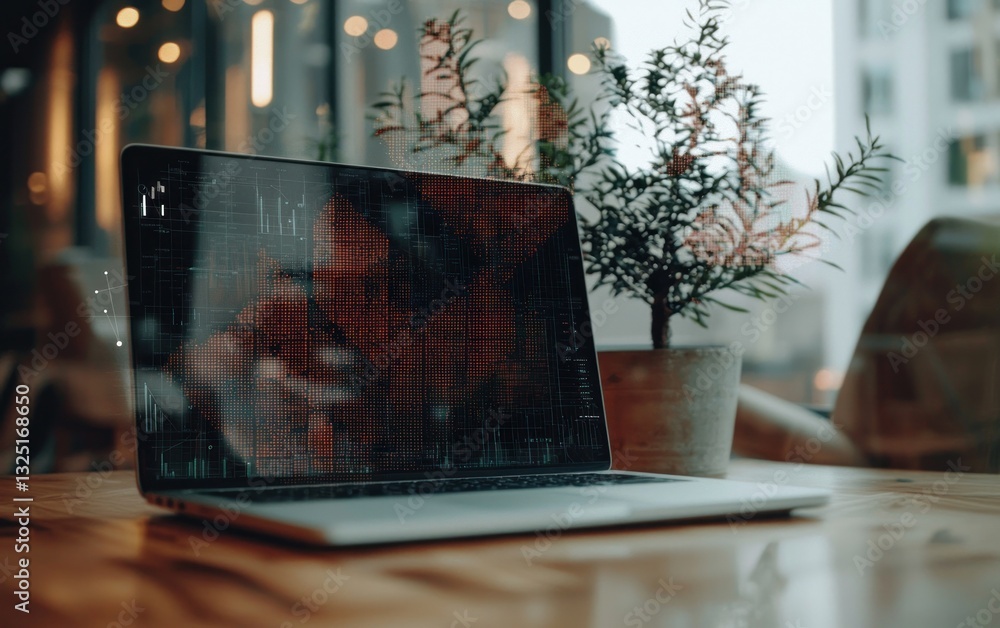 Poster laptop displaying an abstract data visualization sits on a wooden table, next to a small potted plan