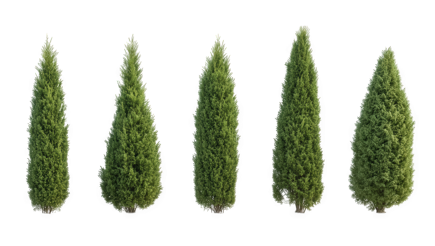 five tall narrow green trees arranged in a row against a white background showcasing their conical shape and dense foliage ideal for landscaping or decorative purposes