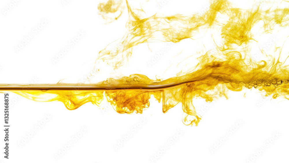 Poster an abstract swirling golden liquid creating dynamic patterns against a white background emphasizing 
