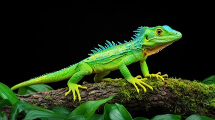 Fototapeta premium A vibrantly colored lizard rests on a mossy wooden log