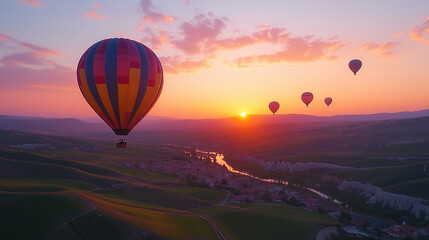 Obraz premium Colorful hot air balloons drift in the sky during sunset over the serene landscape of rolling hills and a winding river
