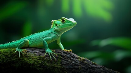 Naklejka premium A vibrant green lizard perched on a moss covered branch