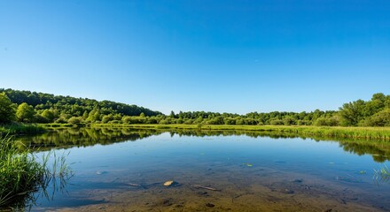 Obraz premium Tranquil lake reflected under clear blue sky surrounded by lush green forest in serene landscape