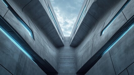 Obraz premium A sleek, modern building with walls of ash gray concrete, shaped symmetrically with abstract designs