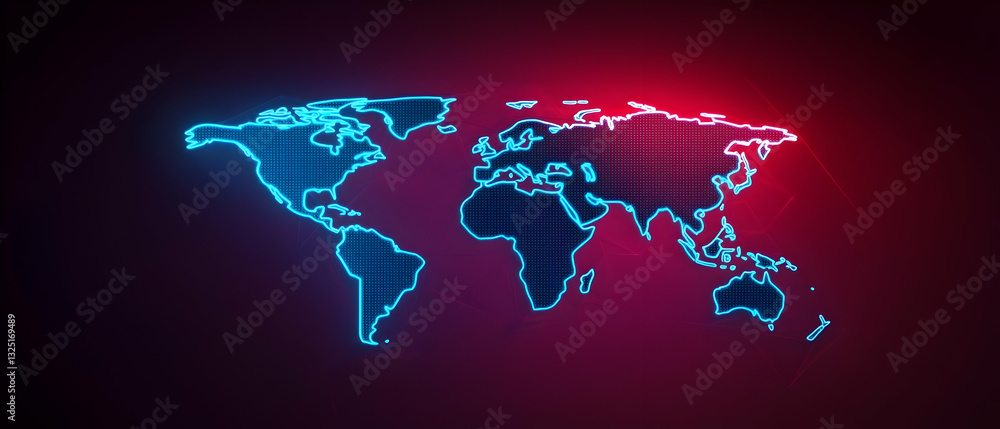 Poster glowing blue world map with red accents on dark red background digital global network visualization