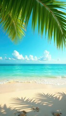 Golden sand, turquoise water, lush palm leaves , landscape, sunny