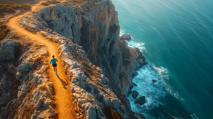Jogger runs along a scenic coastal path overlooking the ocean during sunset in a picturesque location