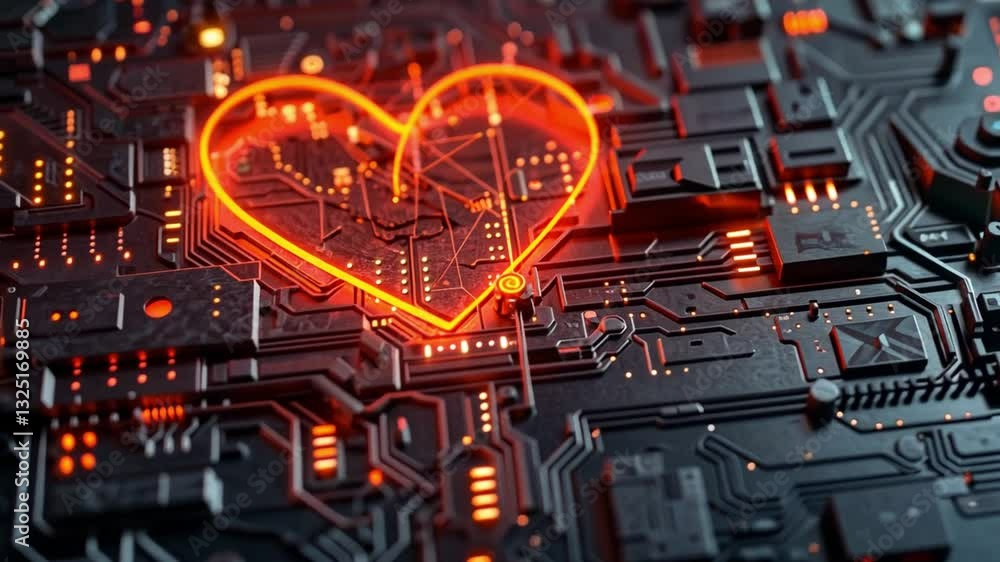 Poster A circuit board layout displays intricate patterns and connections, illuminated by glowing orange lights forming a heart shape.