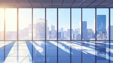 A bright modern office overlooking a vibrant cityscape