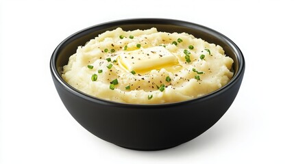 Creamy Mashed Potatoes with Butter and Chives in a Black Bowl - Perfect for Culinary Presentations