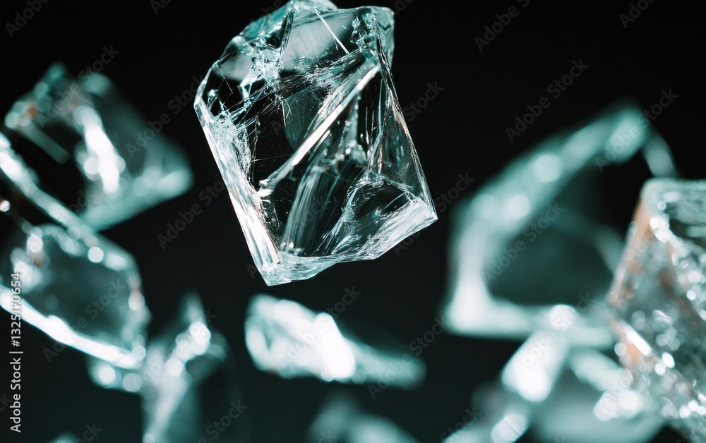 Poster close-up shot of translucent ice shards against a dark background. the ice is in motion, creating a 