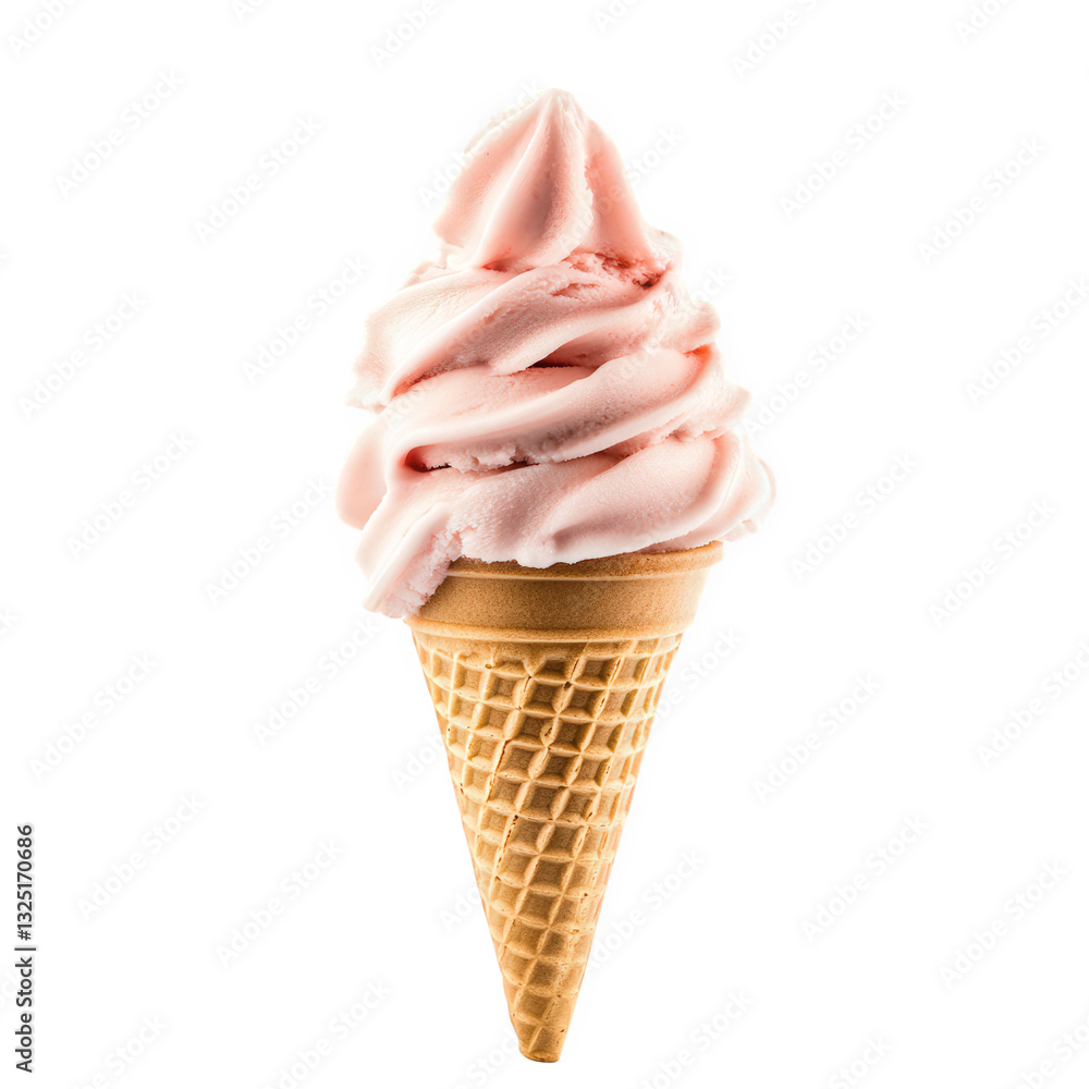 Poster a delicious pink soft-serve ice cream atop a waffle cone showcasing a smooth swirl and inviting text
