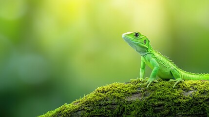 Fototapeta premium A vibrant green lizard perched atop a mossy tree branch