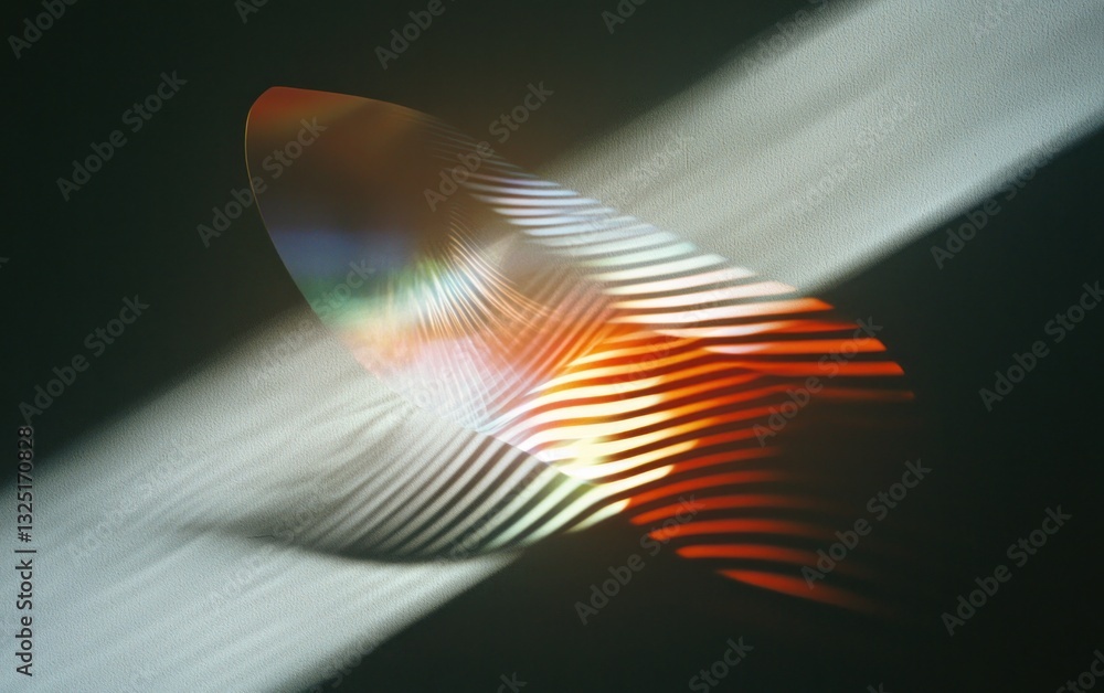 Poster abstract image of a colorful, iridescent object with striped patterns, illuminated by diagonal beams