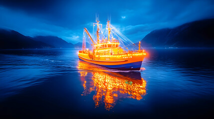 Obraz premium Illuminated fishing vessel at night