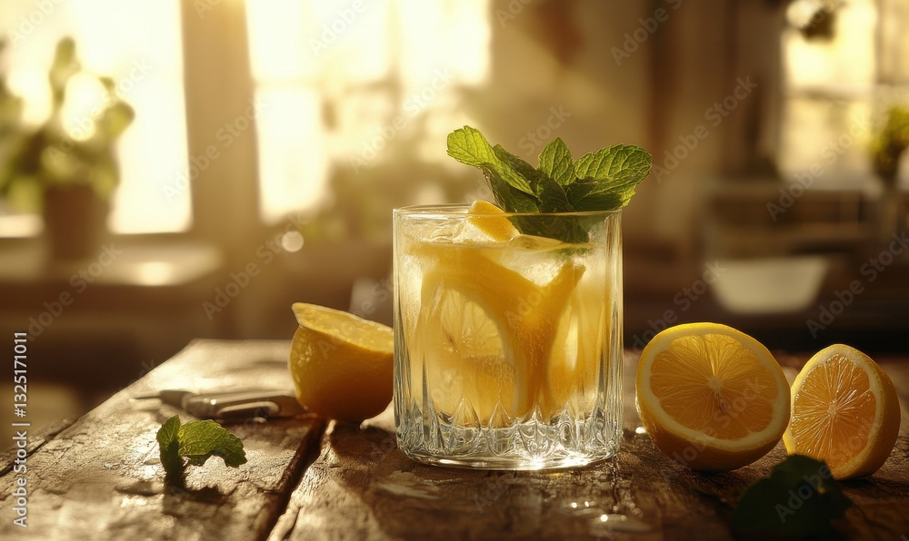 Poster freshly squeezed lemon juice in a glass with slices of lemon and mint, placed on a rustic wooden tab