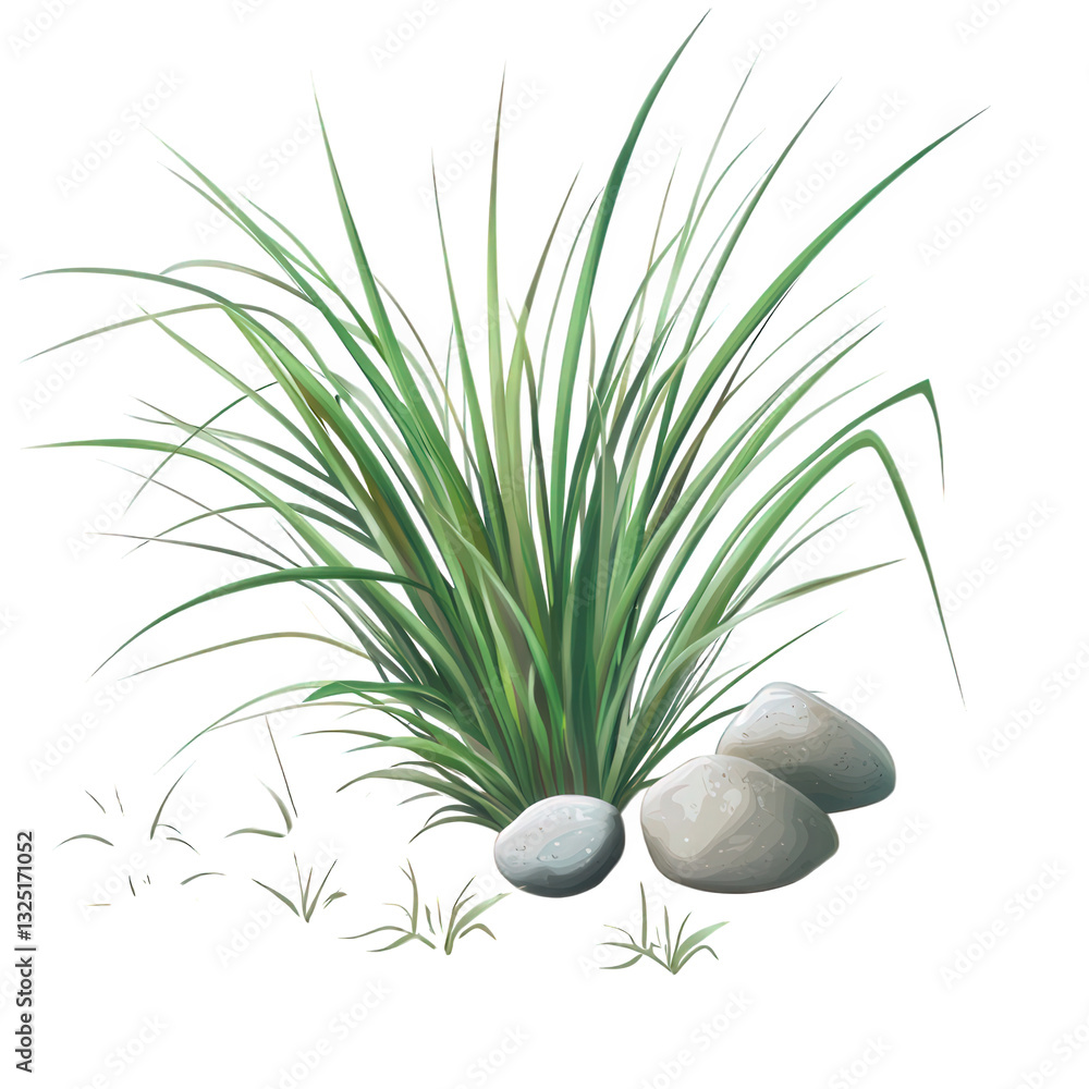 Poster cluster of tall green grass alongside smooth stones set against a light background emphasizing natur