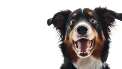 Fototapeta premium close-up a happy dog with a joyful expression showcasing its playful personality against a plain white background. essence of companionship and happiness in pets