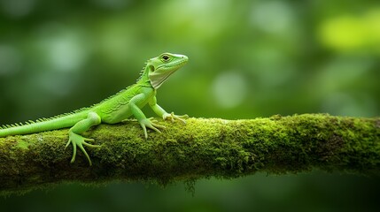 Fototapeta premium A vibrant green lizard perched on a mossy tree branch