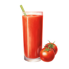 Watercolor Isolated Tomato Juice in a Tall Glass with Green Plastic Straw
