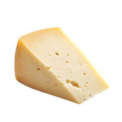 A wedge of semi-hard cheese with a smooth, pale yellow rind and small holes, isolated on a transparent background.