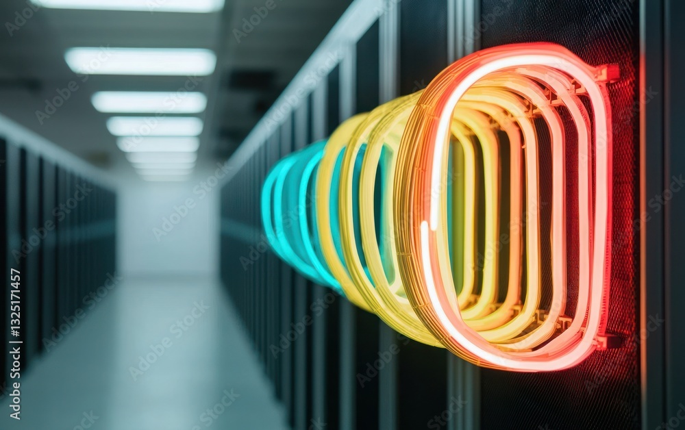 Poster abstract image of colorful neon lights forming a spiral shape in a server room corridor. the backgro