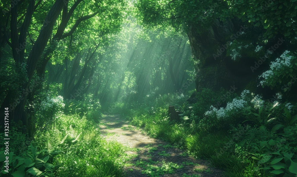 Poster scenic forest path illuminated by dappled sunlight filtering through dense greenery, creating a peac
