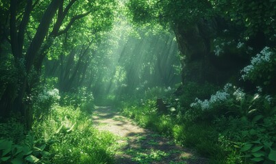 Obraz premium Scenic forest path illuminated by dappled sunlight filtering through dense greenery, creating a peaceful and natural ambiance