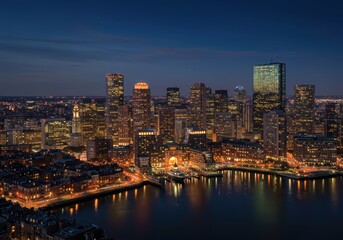 Fototapeta premium Stunning nighttime cityscape of boston skyline reflecting over harbor waters