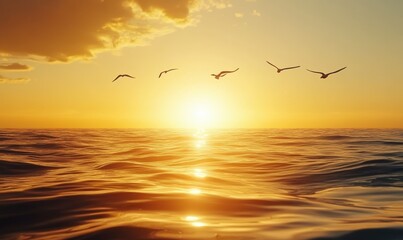 Naklejka premium Scenic ocean horizon with golden sunlight reflecting on calm waves, silhouetted by a flock of birds flying gracefully in the distance