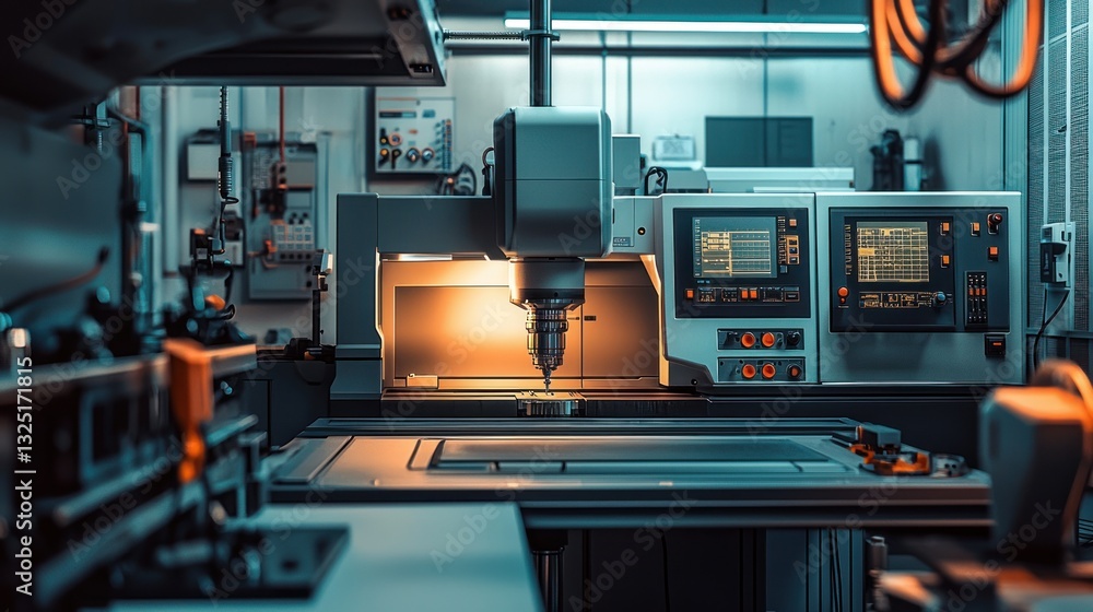 Poster industrial cnc machine in operation at a factory.