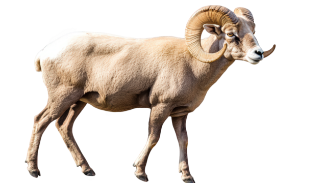 bighorn sheep with prominent curled horns standing on a white background its posture suggests alertness showcasing its muscular build and distinctive features