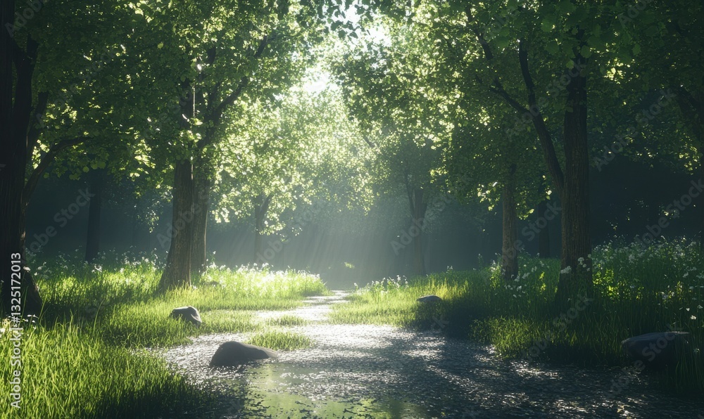 Aufkleber sunlight filters through trees in a serene forest scene.