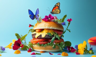 vibrant burger adorned with colorful flowers and butterfly, symbolizing food waste transformation into diverse plants. This creative composition showcases nature beauty