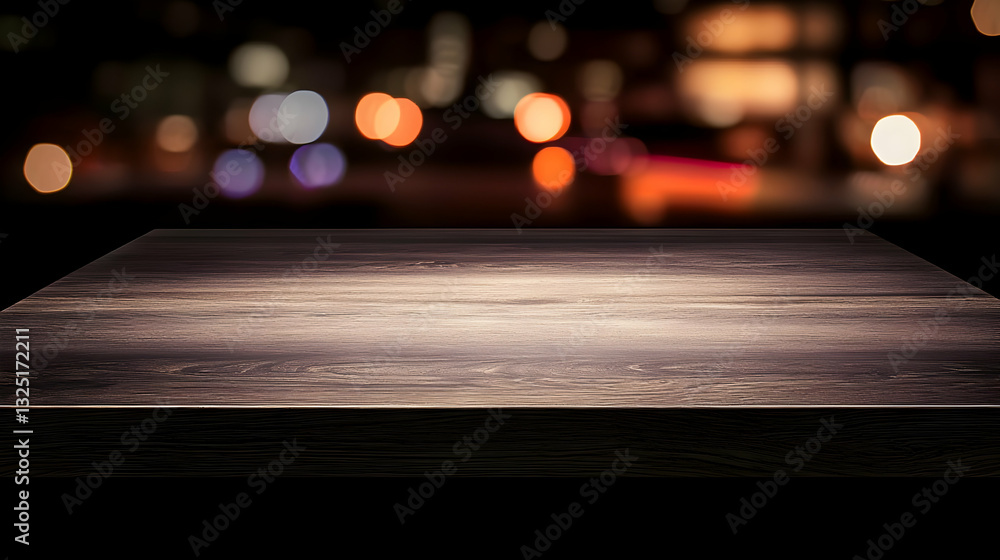 Poster empty rustic dark wooden table top with blurred city night lights bokeh background for display or pr