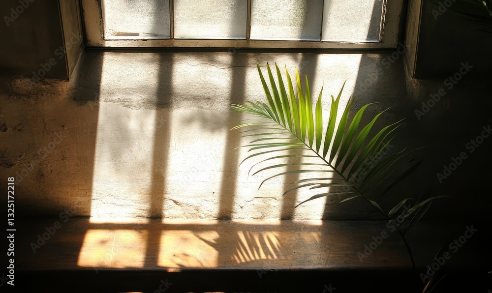 Poster sunlight streaming through a window casting shadows on a palm leaf